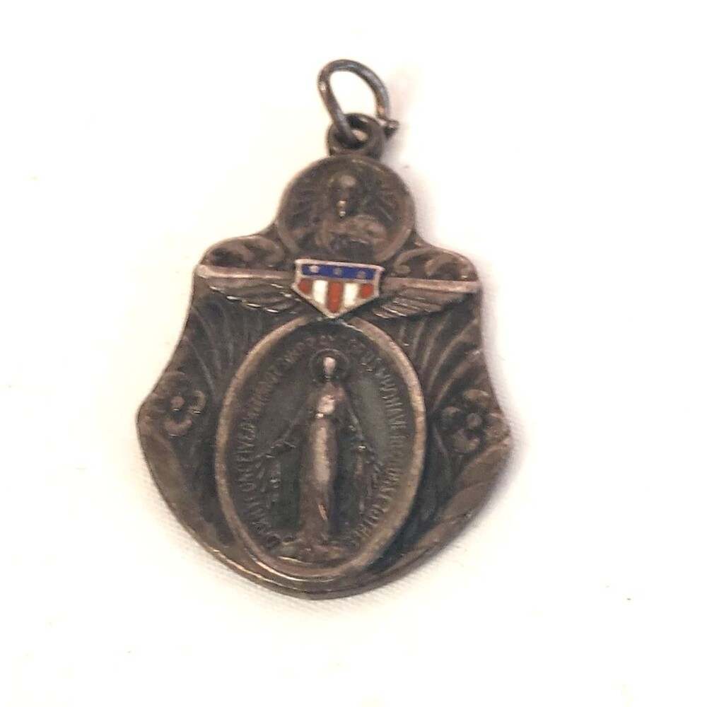 Sterling Silver Mary Pray WWII US Airforce Pendant Medal 1" 2-sided antique